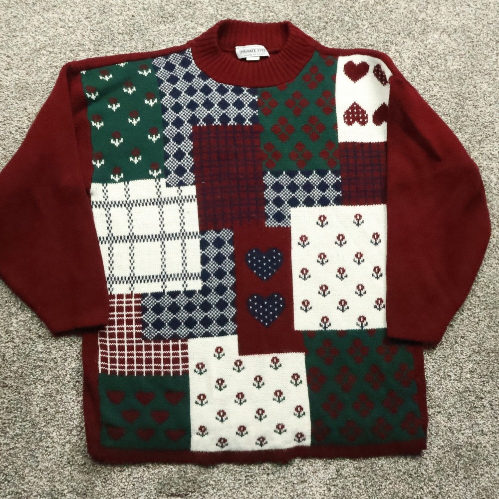 Vintage Private Eyes Sweater Women's Large Patchwork‎ Heart Floral Mock Neck USA